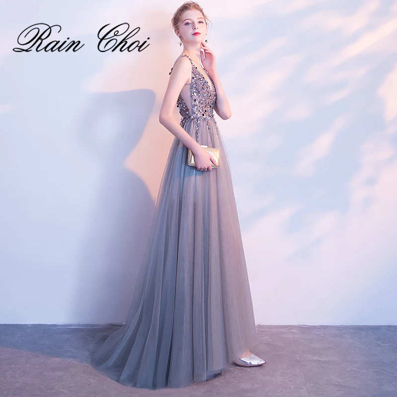 

Prom Gown V-neck Gray Vestido De Noche Sleeveless A-line Backless Long Formal Prom Dresses