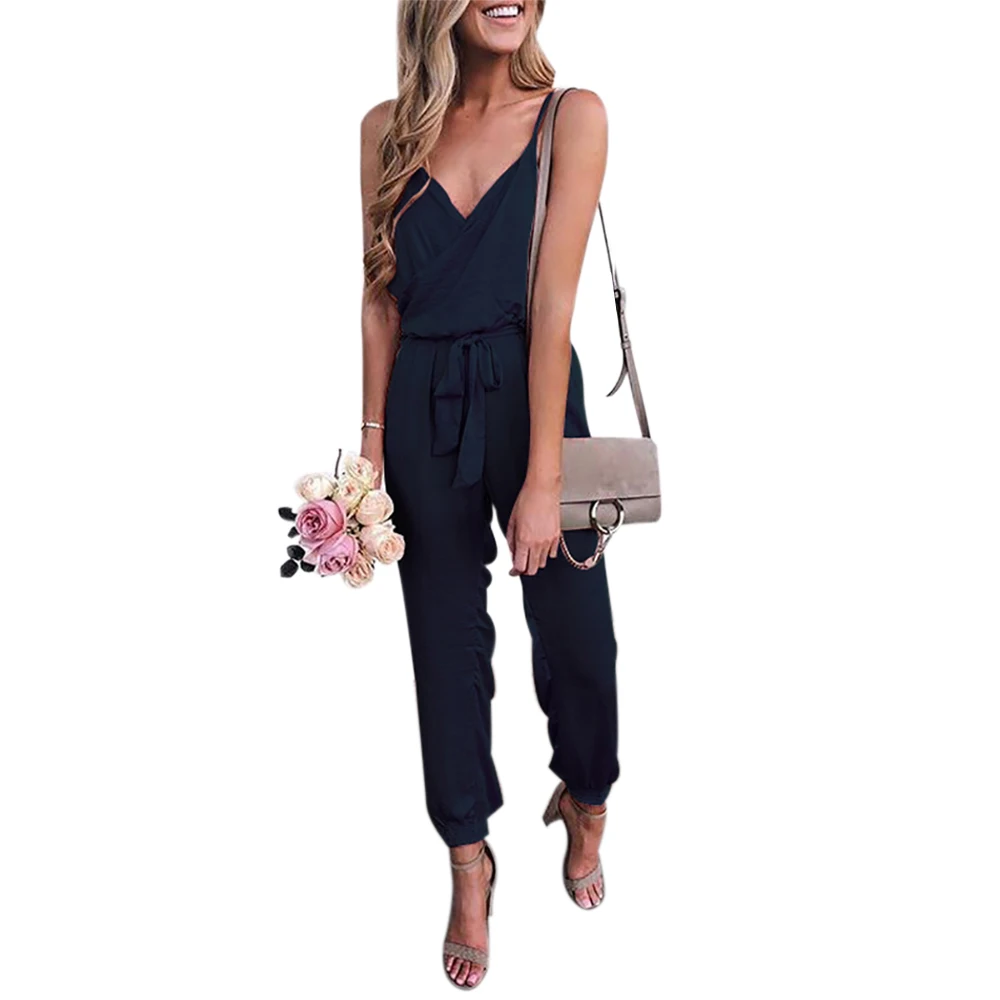 Fashion Solid Sleeveless Jumpsuit Women Sexy V Neck Playsuit Ladies Casual Sashes Overalls For Women Spaghetti Strap Trousers