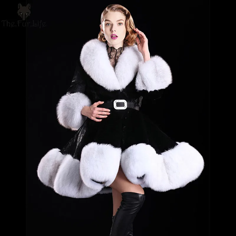 

100% Luxury New Whole Skin Rex Rabbit Fur Coat With Fox Fur Collar Skirt Style Slim Natural Fur For Women