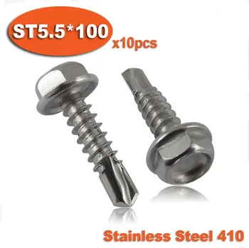 

10pcs DIN7504K ST5.5 x 100 410 Stainless Steel Hexagon Hex Head Self Drilling Screw Screws