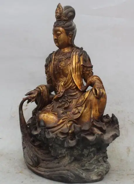 

S2012 13" Chinese Bronze Gilt Kwan-yin On Lotus Flower Shakyamuni Vase Buddha Statue