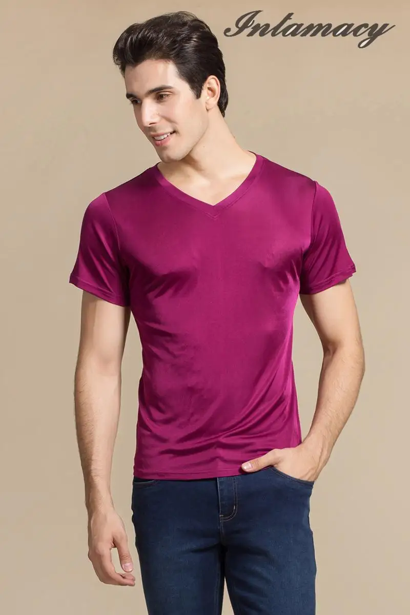 Men-s-Silk-V-Short-Sleeved-Men-s-T-shirt-Thin-100-real-Double-Silk ...