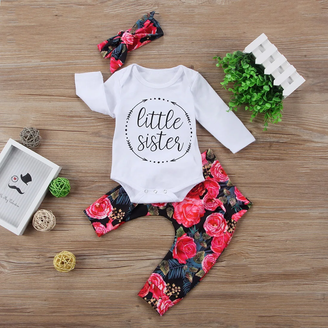 Long Sleeve Romper Flower Pants Headbands Cotton 3Pcs Outfits Clothing Set Newborn Toddler Baby Girls Clothes Sets Tops