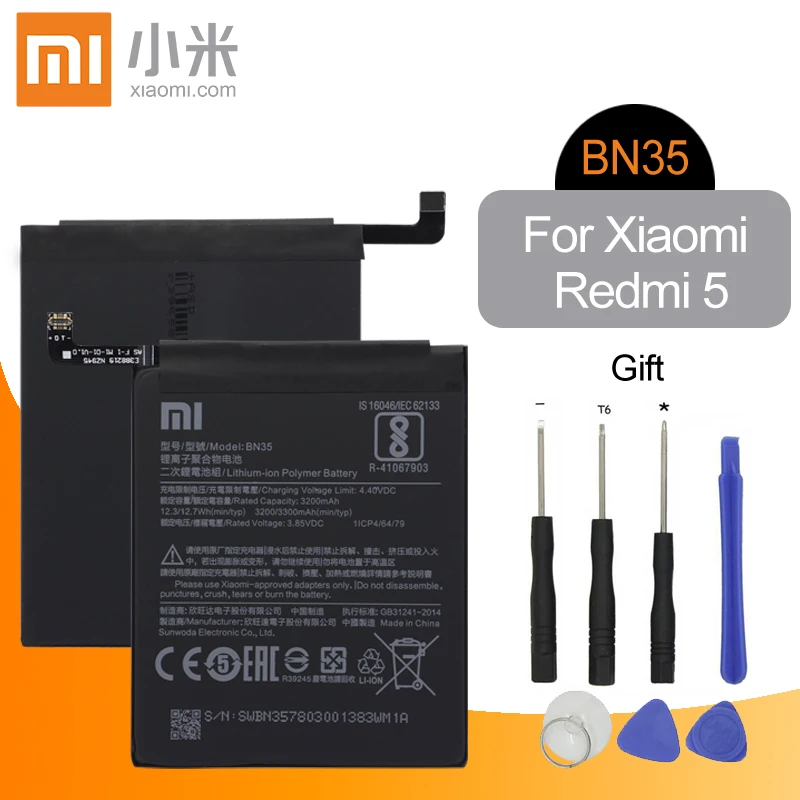 

Xiao Mi Original BN35 Replacement Phone Battery High Capacity 3200mAh For Xiaomi Redmi 5 Genuine Li-ion Retail Package Tools