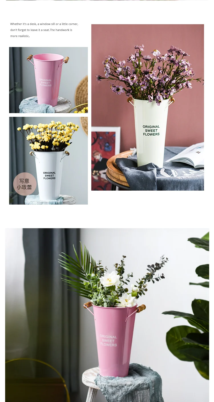 Маленькие металлические ведра в скандинавском стиле, цветочные декоративные вазы с деревянными ручками, Декор для дома и сада, металлическая ваза для цветочной композиции