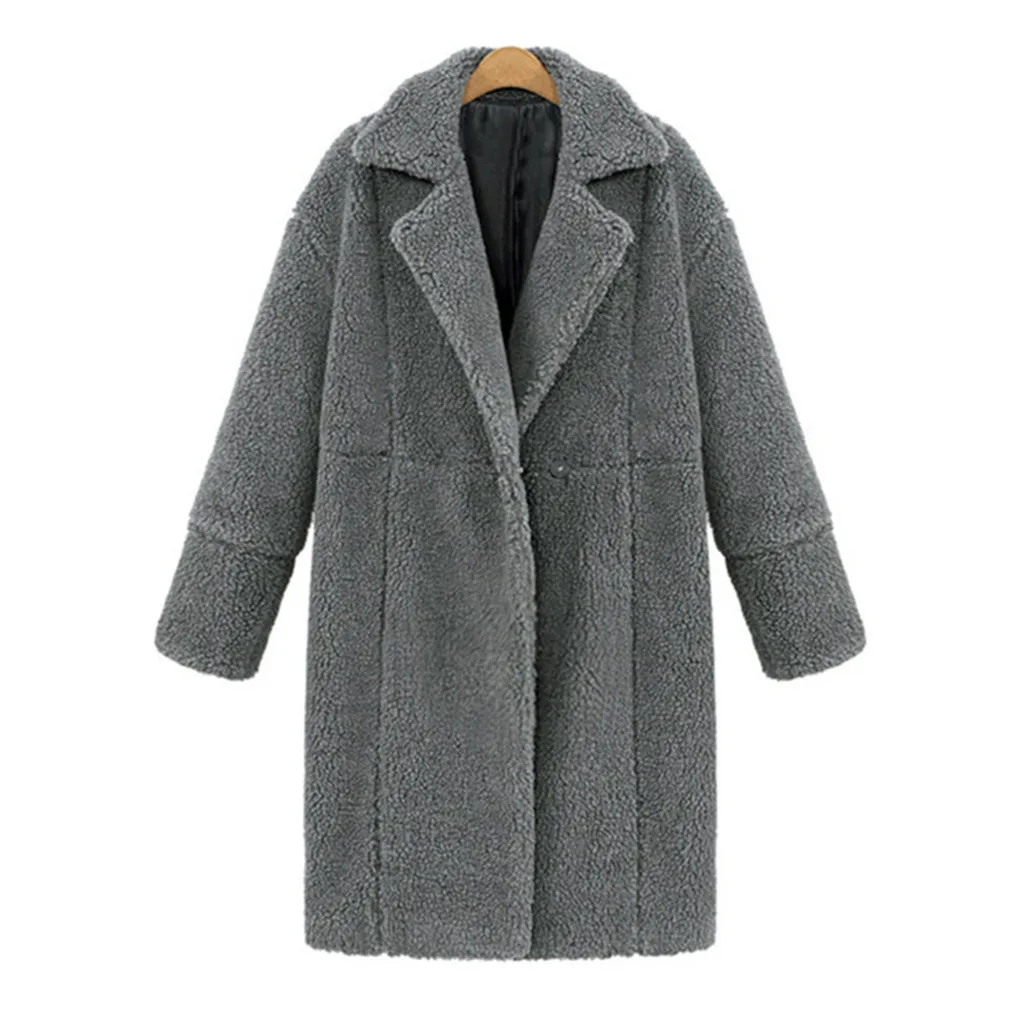Женские зимние пальто, однотонная плюшевая куртка с длинными рукавами и отворотами, с карманами, длинная верхняя одежда, пальто, женская