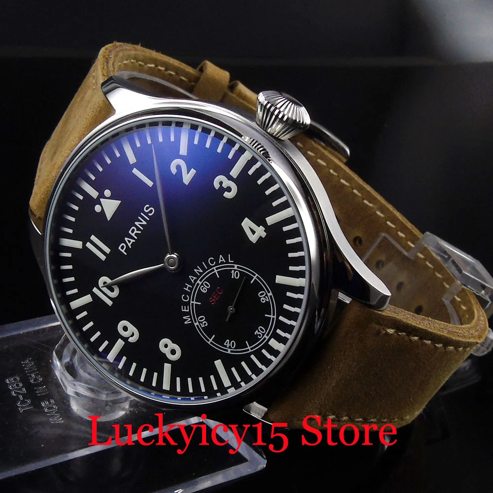 

44mm Mechanical Men's Watch 6498 Hand Winding Movement Polished Case Camel Strap