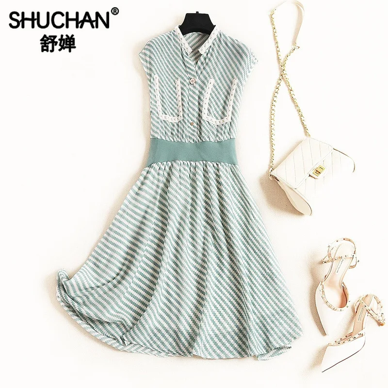 

Shuchan Tank Dress England Style A-Line Geometric Sleeveless O-Neck Summer Sundresses and Dresses 2019 Korean Fashion 11701
