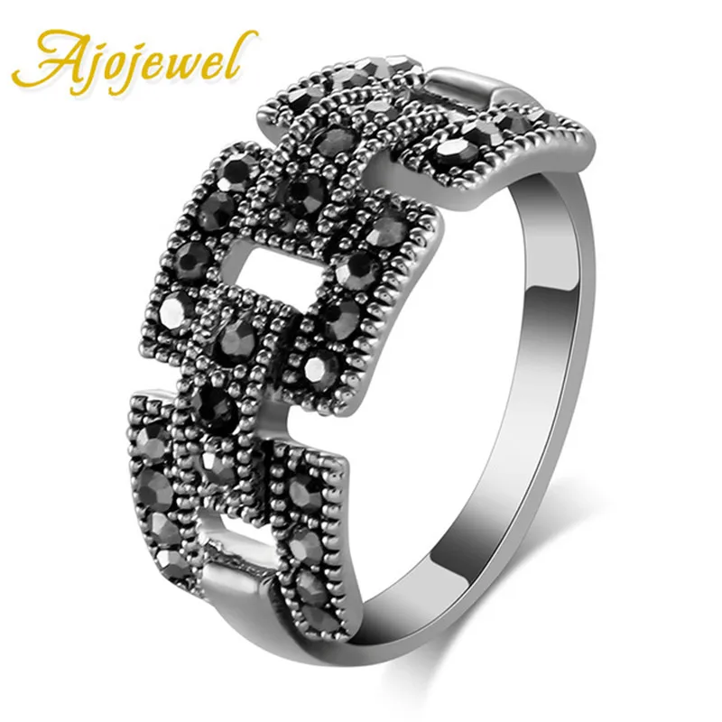 

Ajojewel Square Link Designer Unisex Vintage Retro Ring Black Rhinestone Women Rings Bands Antique Jewelry Wholesale