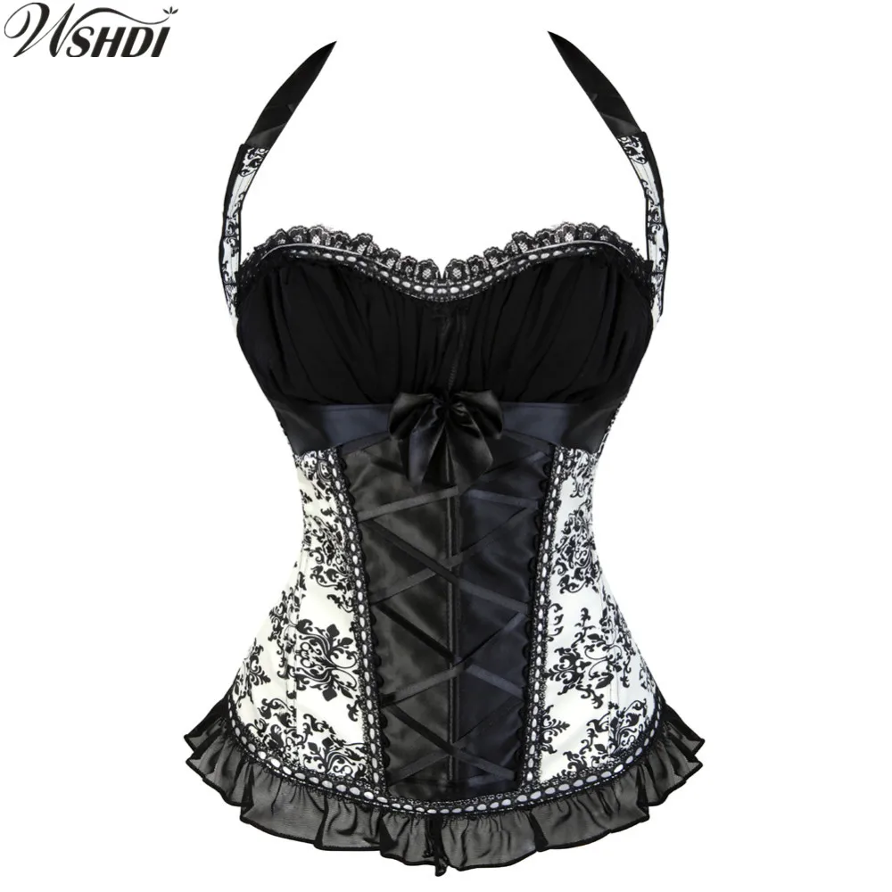 

Burlesque Satin Sexy Corselet Corset Bodice Women Party Bow Halter Corsets Wops With Shoulder Straps Overbust Bustier Vest