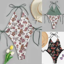 Женский сексуальный цветочный купальник пуш-ап с открытой спиной, мягкий пляжный бикини с завязками на шее купальный костюм, купальный костюм, соединенный спереди и сзади A30323