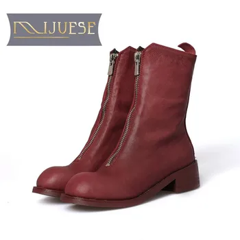 

MLJUESE 2019 women Mid calf boots sheepskin wine red color zippers low heel winter short plush women boots size 33-43