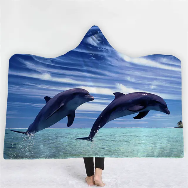 WHQ Undersea World Hooded Wearable Blanket Dolphin Thick Blanket Winter