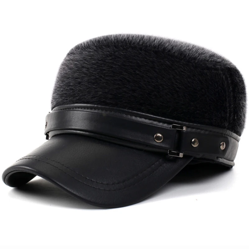 HT1881 Warm Thick Men Winter Hats Faux Mink Fur Caps for Men Leather Brim Baseball Caps Flat Top