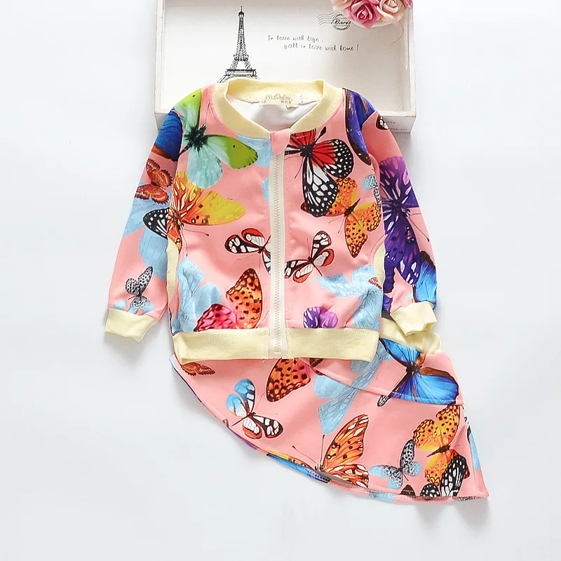

2PCS autumn children clothing set kids Clothes girls butterfly pattern shirt + skirt spring clothes suit long-sleeved jacket