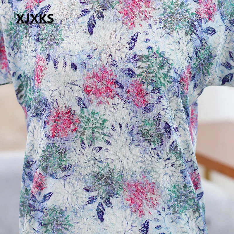 XJXKS Новая женская летняя футболка с модным алмазным принтом свободного размера плюс, женская трикотажная тонкая футболка с коротким рукавом