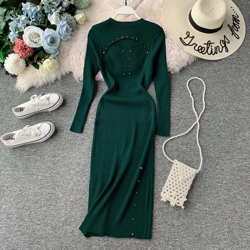 

NiceMix Autumn Women Sweater Dress Splice Knitted Chic Long Sleeve Slim Casual Rivet Dresses Hollowed Front Retro Vestidos