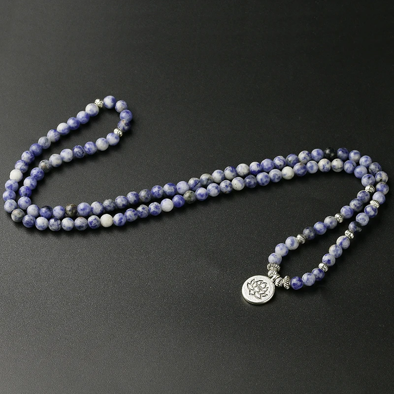 Камень силы натуральный синий точечный камень браслеты Ом Лотос Шарм ювелирные изделия 6 мм браслет из содалита для мужчин медитация Йога для женщин подарок