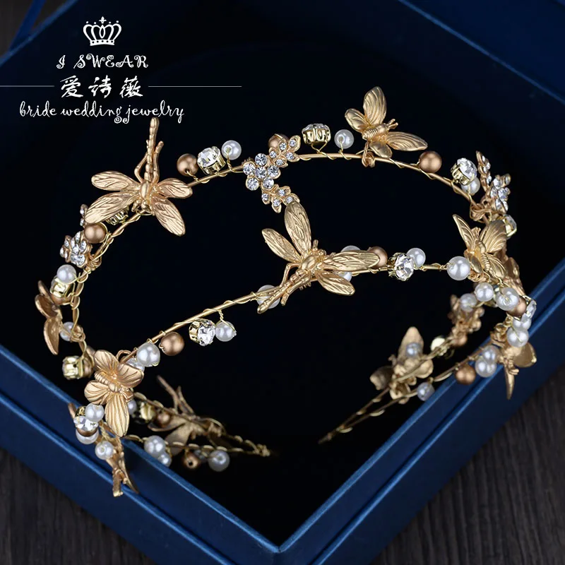 

The new golden pearl rhinestone hand Baroque double Dragonfly headband bride head ornament accessories dinner show