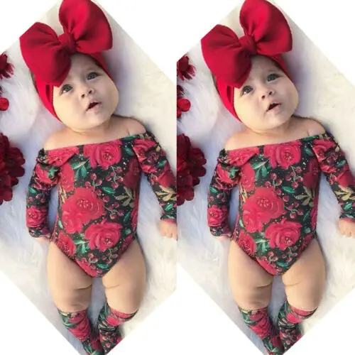 

Fashion Newborn Kid Baby Girl Cotton Long Sleeve Floral Clothes Off Shoulder Bodysuit Summer Socks Headband Outfit 3E27