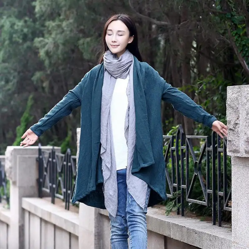 

2018 Spring New Linen Cardigan Long Sleeved Original Solid Color Long Coat Mori Girl Asymmetric Length Women Trench Coat Qy 047
