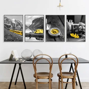 

Nordic Posters and Prints Yellow And Gray Car Landscape Canvas Panting Wall Pictures For Living Room Modern Home Decoration