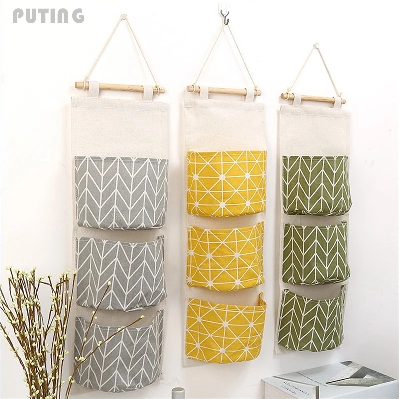 

3 Grids Wall Hanging Storage 68X20cm Bag Organizer Toys Container Cotton Fabric Decor Pocket Pouch Decoration Kitchen LTT9280