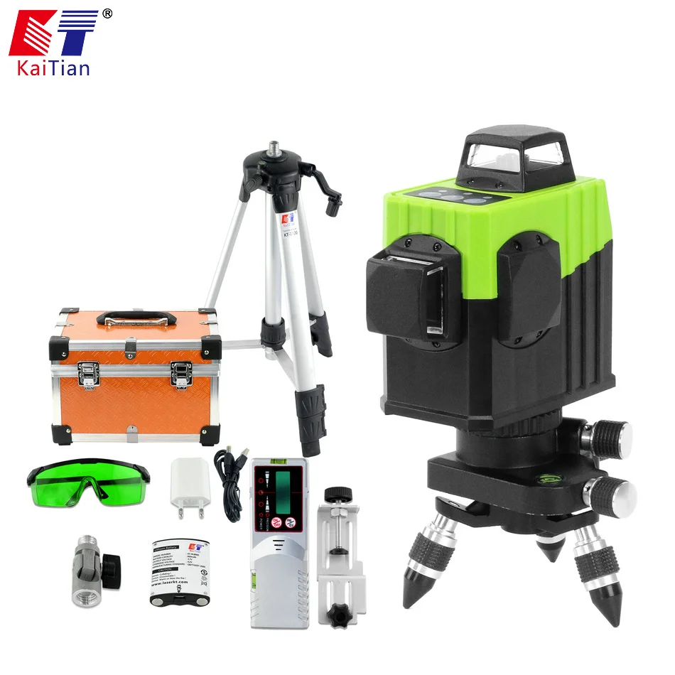 

KaiTian 8Lines Laser Level Tripod Self-Leveling 360 Horizontal 532nm Vertical Corss Green Lasers Receiver Beam Line Nivel Levels
