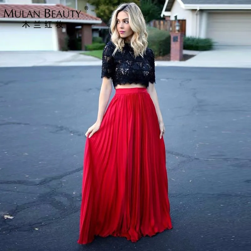 Red Pleated Skirt Summer Beach Chiffon Long Skirts For Fashion Women ...