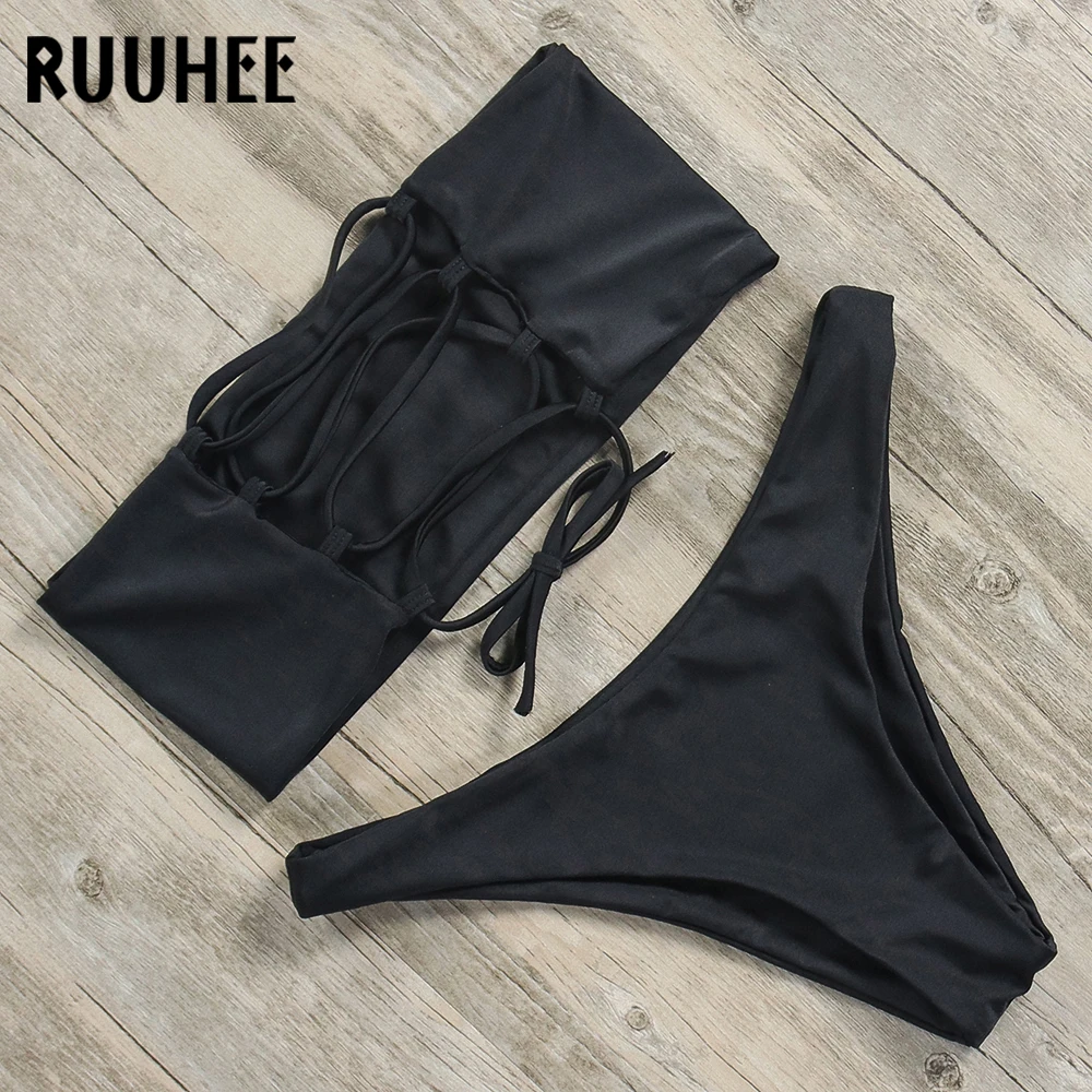 

RUUHEE Black Bikini Swimwear Sexy Swimsuit Women 2019 Bandeau Brazilian Bikini Set Bathing Suit Summer Swimming Suit Beach Wear