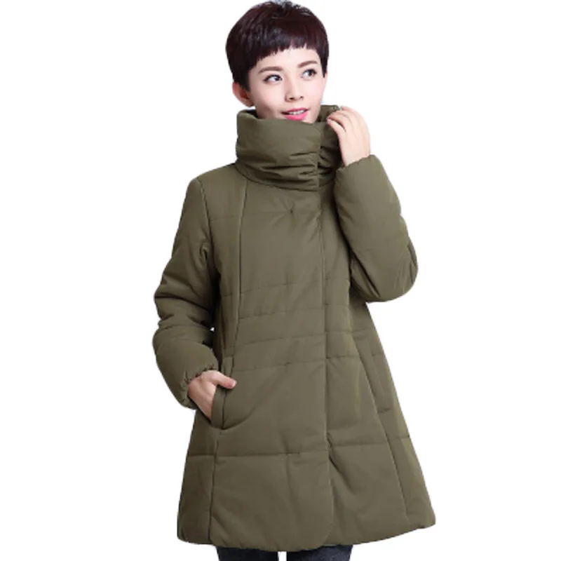 

Women's Winter Olive Button Closure Turtleneck Soft Jackets Ladies Elegant Plus Size Outwear Loose Parka Coat with Pockets XH503