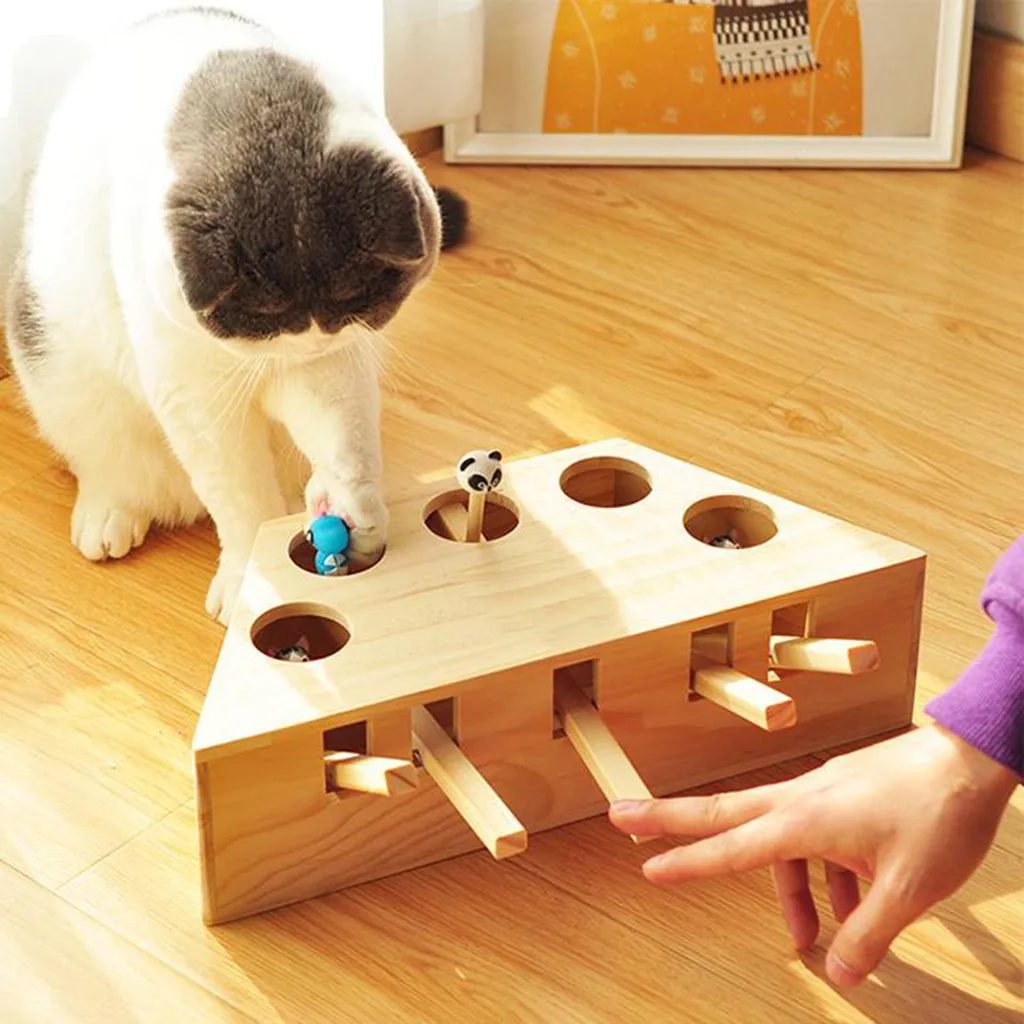 

Pet Indoor Solid Wooden Cat Hunt Toy Interactive 3/5-holed Mouse Seat Scratch Cat Toy Pet Accessories