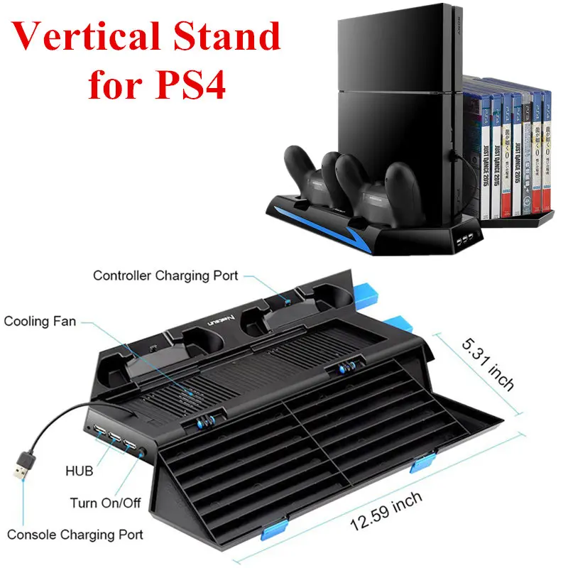 

PS4 Vertical Stand with Cooling Fan Cooler Dual Controller Charger Charging Station with 2-Fan 3 HUB for SONY Playstation 4 PS4
