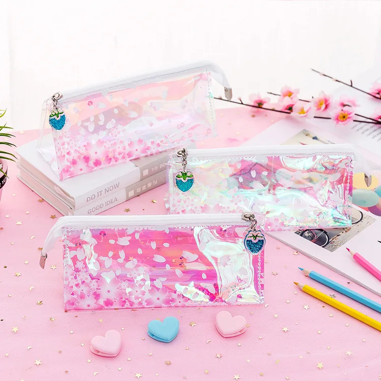 

1 Pcs Colorful Laser Sequin Pencil Case Kawaii Cherry Blossom Transparent Big Pencilcase Stationery Pencil Box for Girls Gift