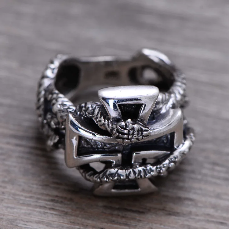 

100% Genuine 925 Sterling Silver Retro Men Male Ring Thai Silver Fine Jewelry Gift Snake Cross Heavy Finger Ring CH057436