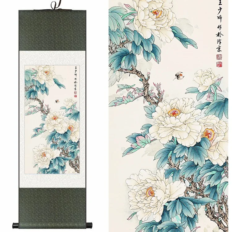 

Chinese Silk watercolor flower and bird Rich white peony Bee ink art print canvas wall picture damask framed scroll painting