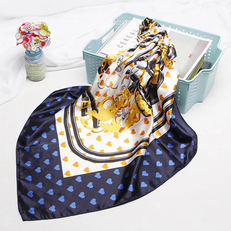 Fashion Kerchief Hair Scarf For Women Print Silk Satin Hijab Scarfs Female 90*90cm Square SHalws Neckerchief Scarves For Ladies
