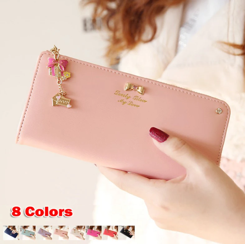 Hot Sale High Quality Colorful bowknot pendant PU Leather Long Design Women Wallet Coin Purse Ladies Handbag Day Clutch Bag