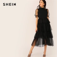 SHEIN модное многослойное Сетчатое платье с оборкой на шее и пышными рукавами однотонное женское платье трапециевидной формы со стоячим воротником весна-осень
