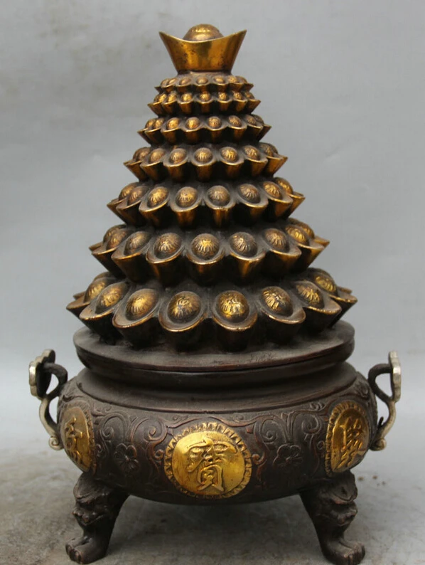 

song voge gem S2290 12" China Bronze Gild Silver Ru Yi Lion Head treasure bowl Incense Burner Censer