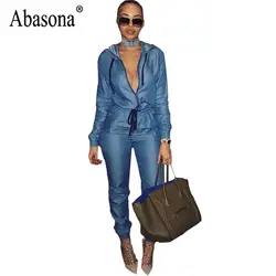 Abasona синие джинсы Длинные свободные комбинезон с капюшоном Для женщин с длинным рукавом передняя молния комбинезон осень Повседневное