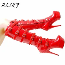 Rlinf womenheel сбоку Высокие сапоги новые Панк Пряжки Ремня show Высокие сапоги 15 см на очень высоком каблуке туфли на высоком каблуке Обувь