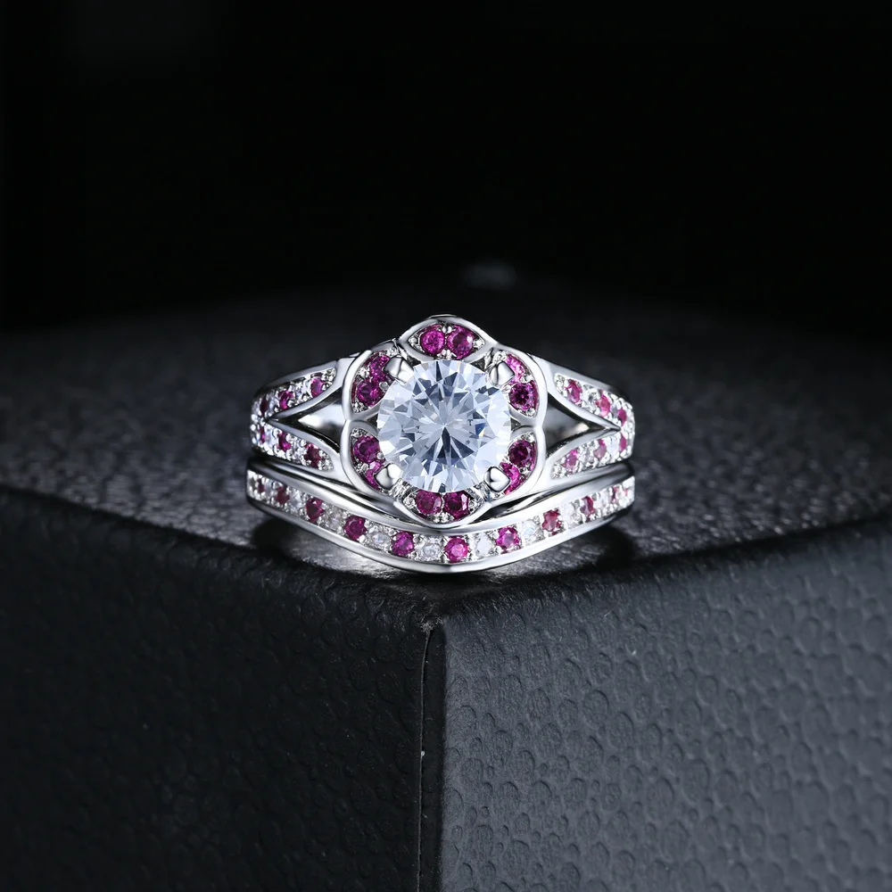 Double Fair Geometric Flower Crystal Rings For Women Engagement Ring Set White Gold Copper Jewelry DFYG014