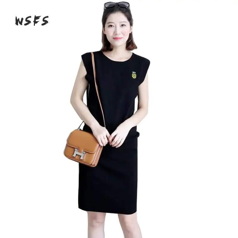 

Spring White Black Sweater Dresses Oneck Sleeveless Knitted Women Dress Office Lady Slim Elegant Casual Bandage Midi Loose Dress