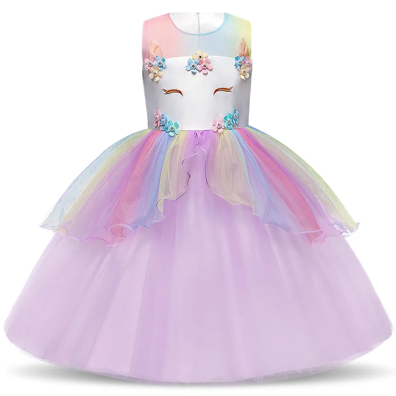Вечерние платья с единорогом для девочек; многослойное Цветочное платье-пачка на Хэллоуин; Радужный костюм принцессы для маленьких девочек с открытой спиной и рисунком единорога из мультфильма - Цвет: Dress 2