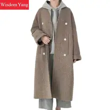 Lã de Ovelha Casaco de inverno Cáqui Listrado Mulheres Coreano 2018 Vneck Plus Longo Solto de Lã Oversize Senhora Do Escritório Casaco Casaco Outerwear(China)