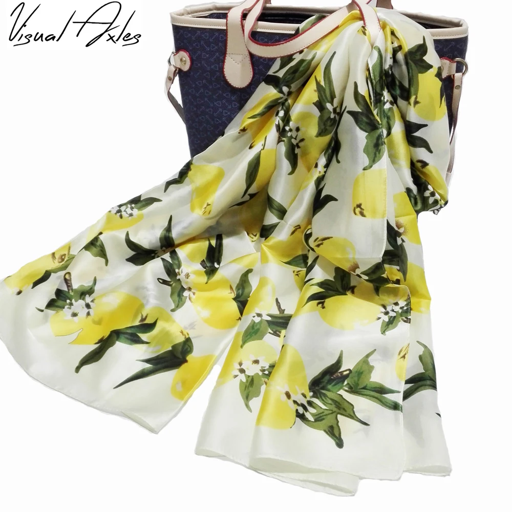 

[Visual Axles] Women Cute Lemon Scarf Luxury Brand Pure Silk Scarves and Bandana Female Oversize Foulard Oblong Shawls Fashion