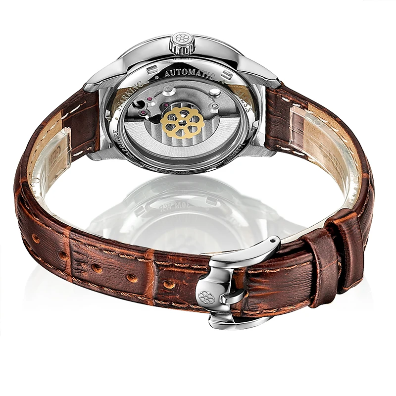 STARKING الرجال الميكانيكية ووتش الذهب حالة البني جلد طبيعي حزام 28800 يدق التلقائي الذاتي الرياح ساعة اليد الذكور الهدايا AM0194