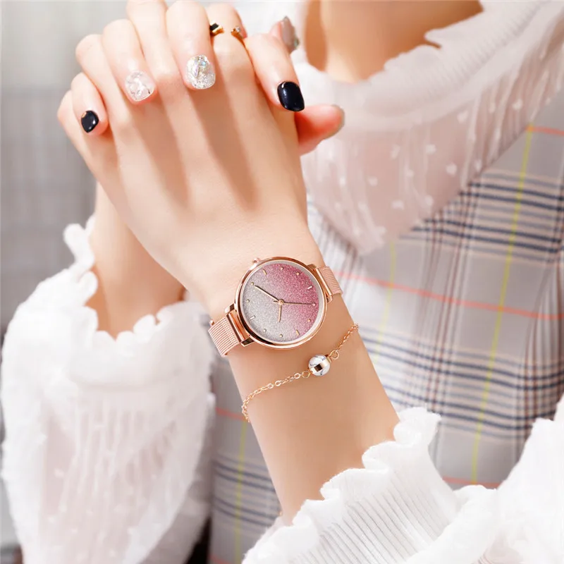 

High Quality Women's Watches Simple Starry Sky Dial Ladies Quartz Wristwatch Rose Gold Alloy Strap Clock Zegarki Damskie@50