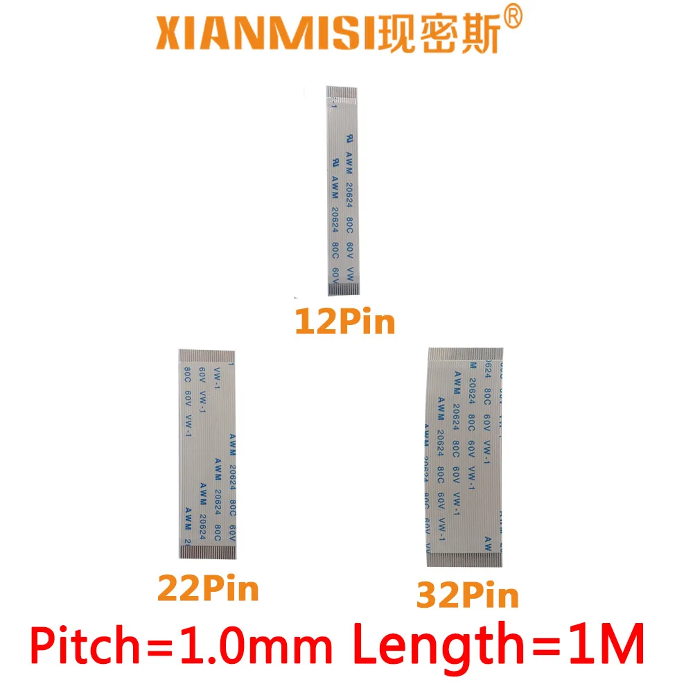 

FFC/FPC Flat Flex Extension Cable 12Pin 22Pin 32Pin Same Side 1.0mm Pitch AWM VW-1 20624 20798 80C 60V Length 1Meter 5PCS